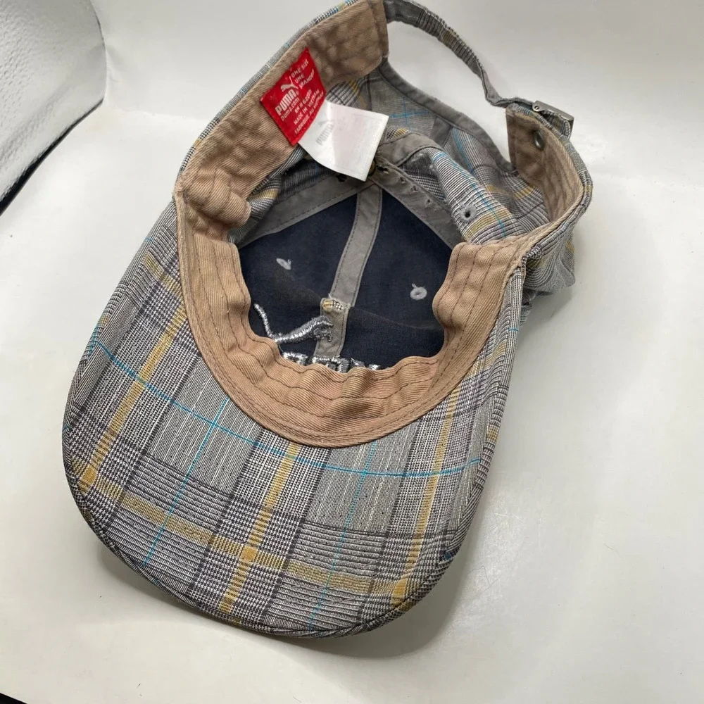 PUMA Plaid Adjustable Baseball Cap Hat Unisex Grey Yellow Blue 3D Logo Sport SEO
